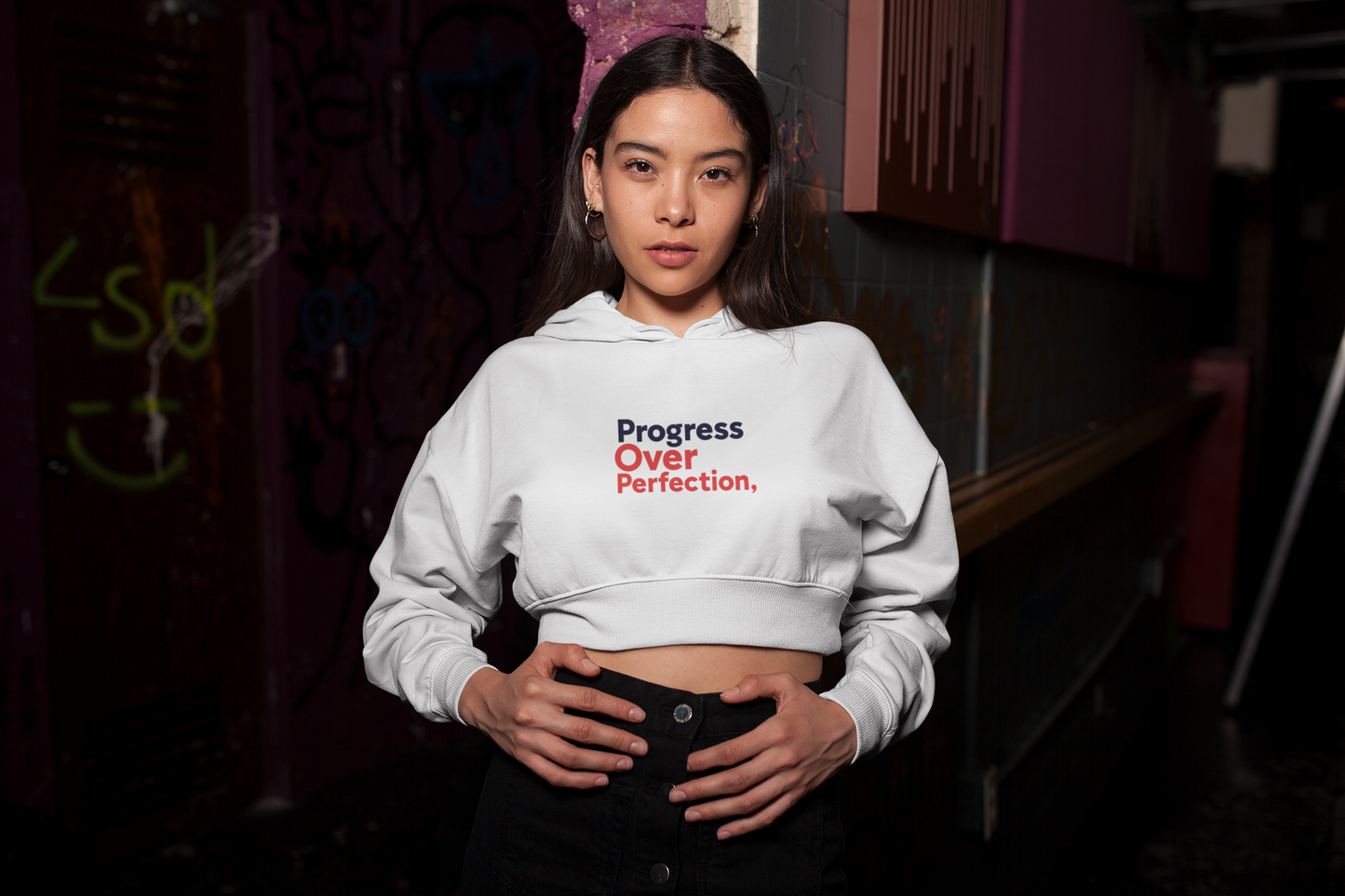 Female Crop Hoodie β "Progress Over Perfection" Inspirational Design π - Starvia Crop Hoodies