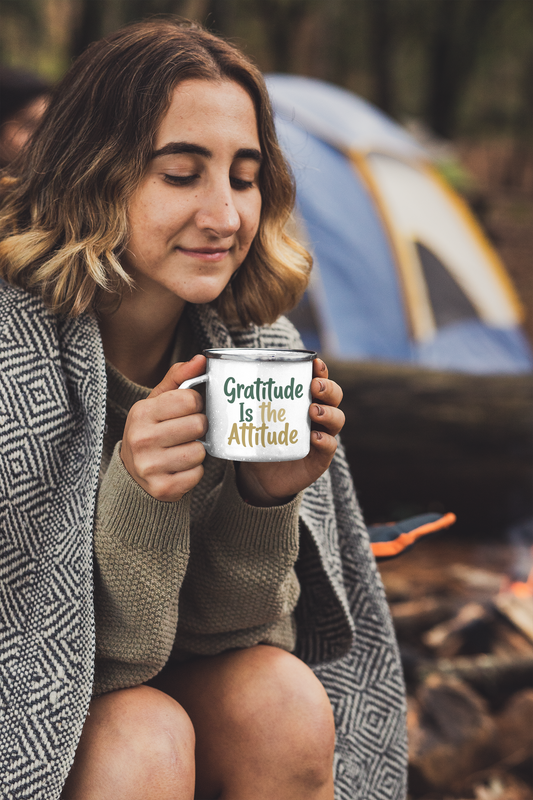 11oz Enamel Mug – "Gratitude Is the Attitude" Inspirational Design 🌼 - Starvia  White Enamel Mugs